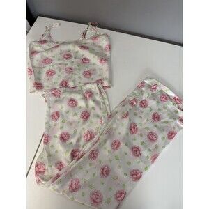Victoria Secret Y2K White Floral Satin Camisole Top/Pant Pajama Set Sz S 2 Piece